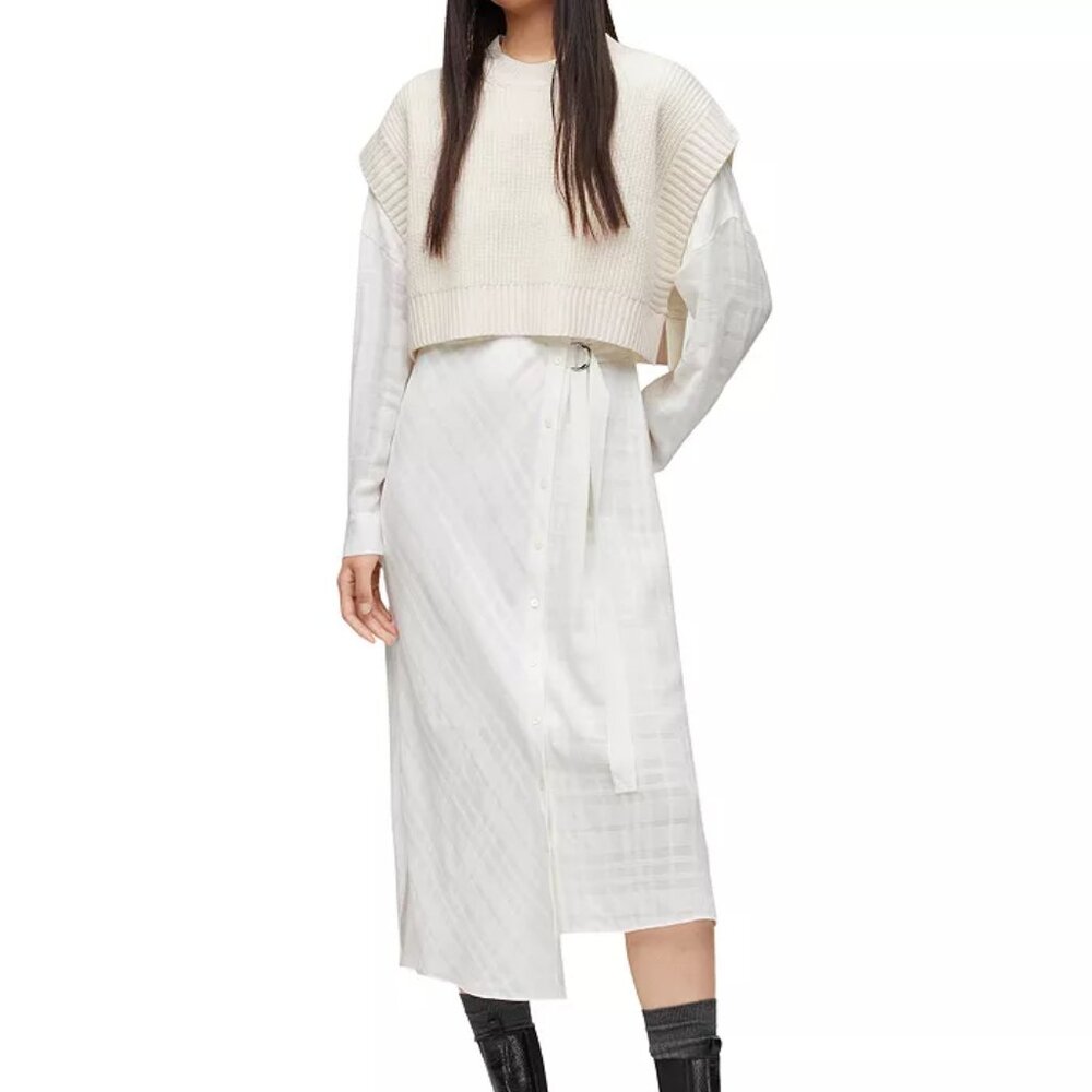 NWOT All Saints Cream Two Piece Layered Merino Wool Midi Dress (XS)